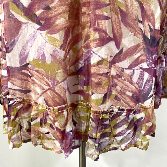 Lucky Brand Top XL Sheer Floral 3/4 Sleeve Peach Purple Peasant Blouse Ruffles - Picture 2 of 10